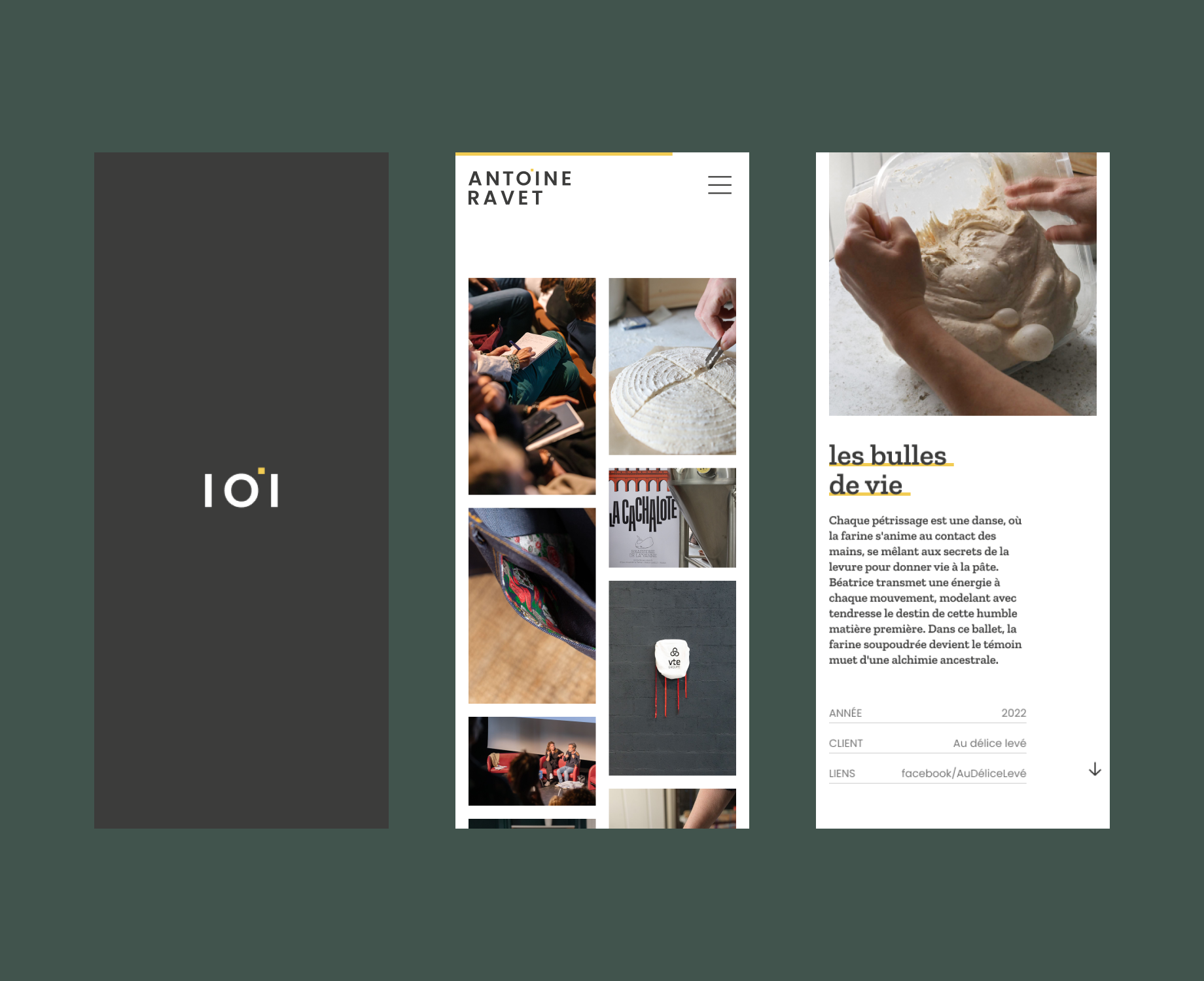 Design du site en version mobile présentant 3 écrans, le premier sur fond noir avec l'icône extrait du logo au centre, le second avec la page d'accueil sous forme de galerie photo, le troisième avec un projet comme exemple.