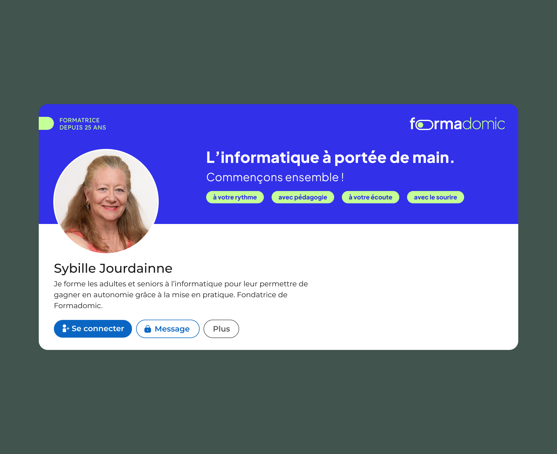 Screenshot du profil LinkedIn de Sybille avec la bannière qui reprend son logo, l'accroche "l'informatique à portée de main, commençons ensemble !"