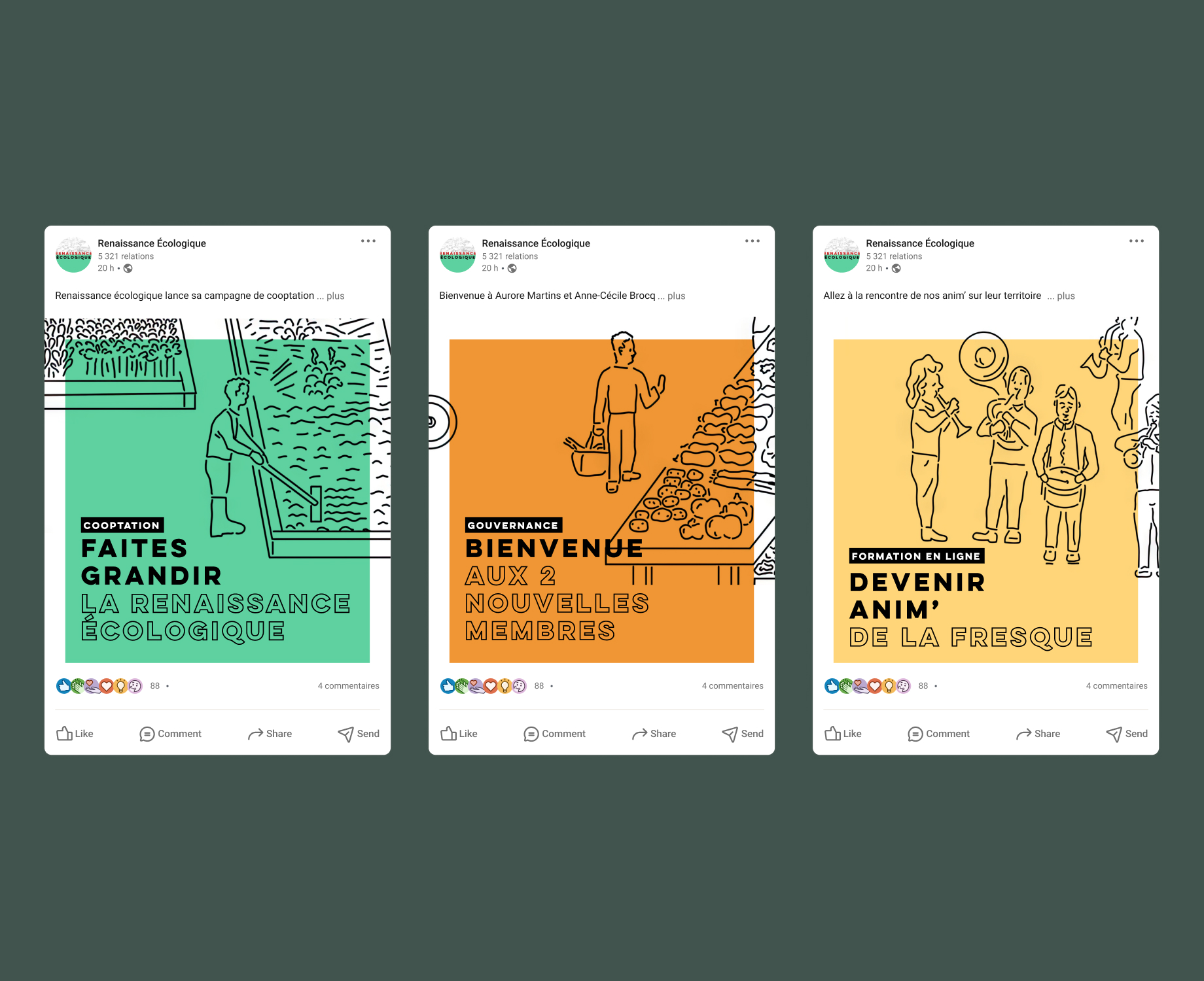 Projection de l'identité visuelle sur des posts avec du texte dans les images.