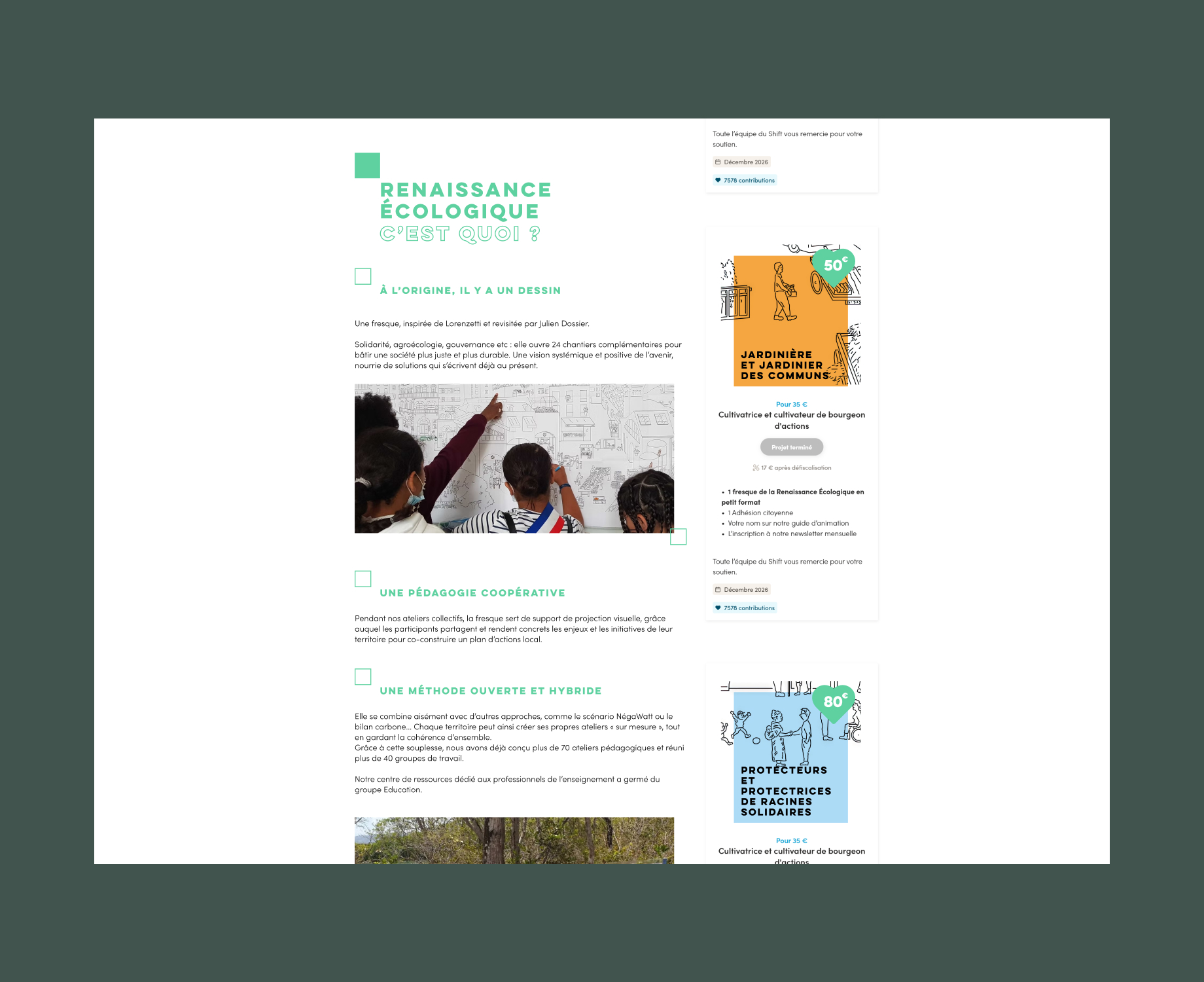 Extrait de la campagne avec photos prisent pendant un atelier collectif et aperçu de quelques contreparties.