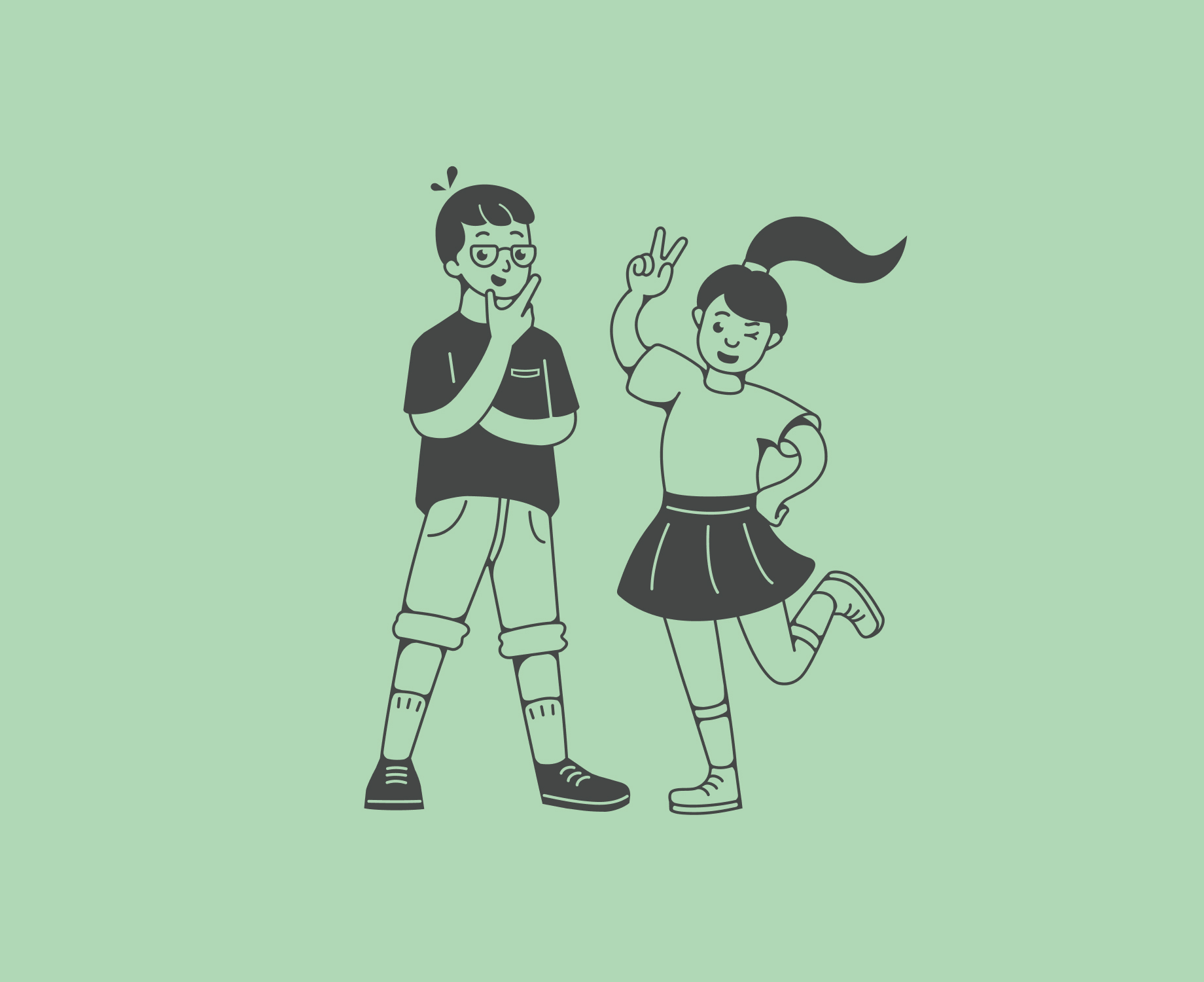Illustration monochrome des deux enfants, Renaud le grand frère et Rose la petite soeur.