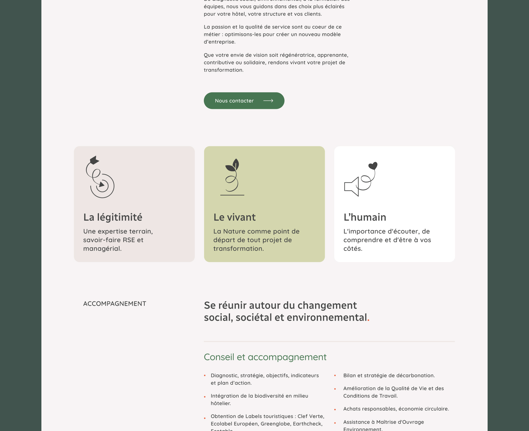Imprime écran du site de Léna avec 3 parties qui évoquent sa légitimité, le vivant et l'humain.