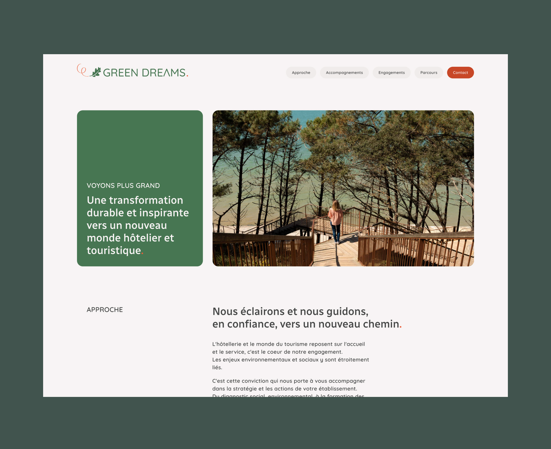 Imprime écran de la partie haute du site de Léna avec le titre "Une transofrmation durable et inspirante vers un nouveau monde hôtelier et touristique".