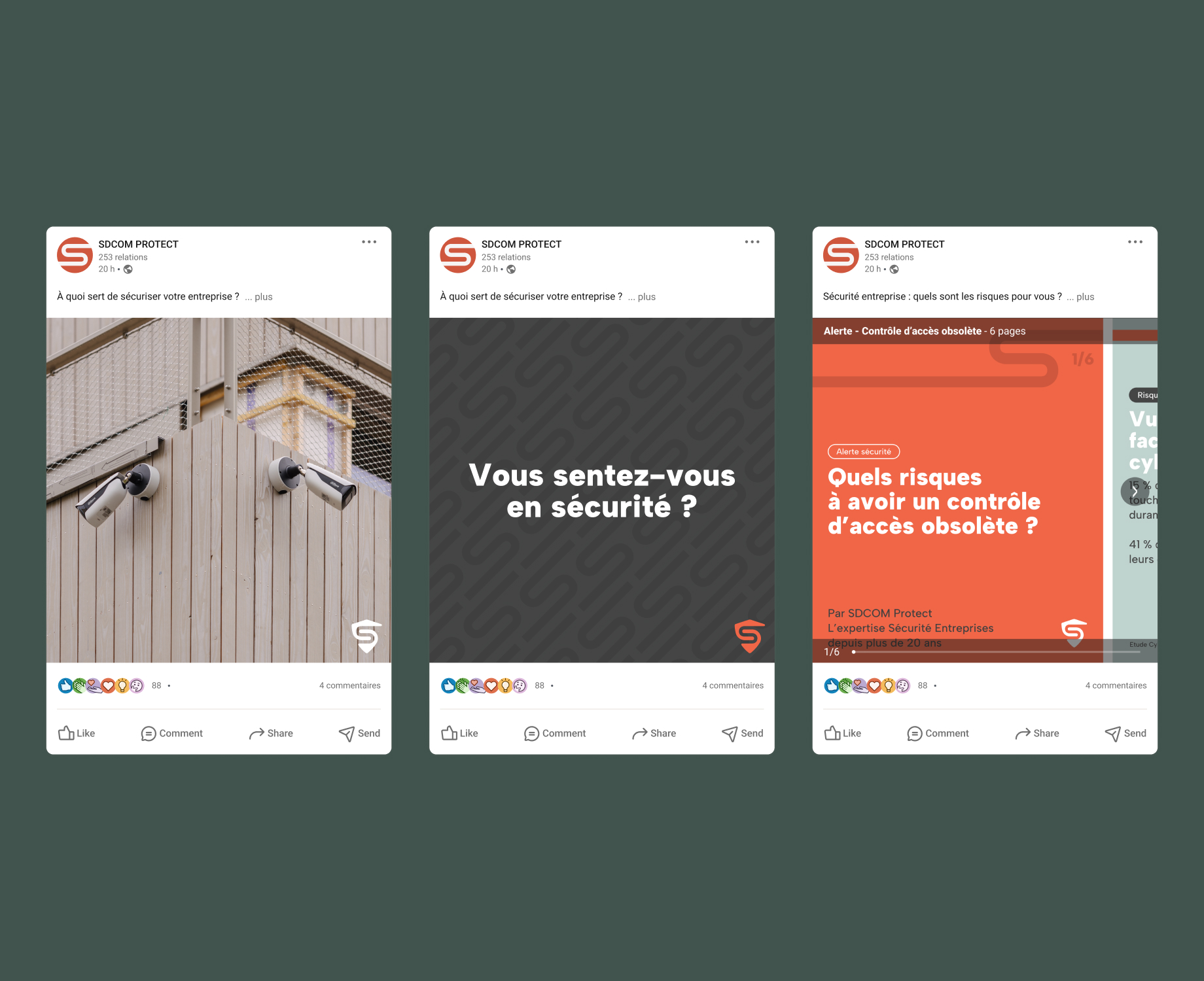 Présentation de 3 posts LinkedIn, le premier sur la vidéo surveillance, le second qui interpelle avec une question "vous sentez-vous en sécurité ?", le dernier sur les risques à avoir un contrôle d'accès obsolètes"