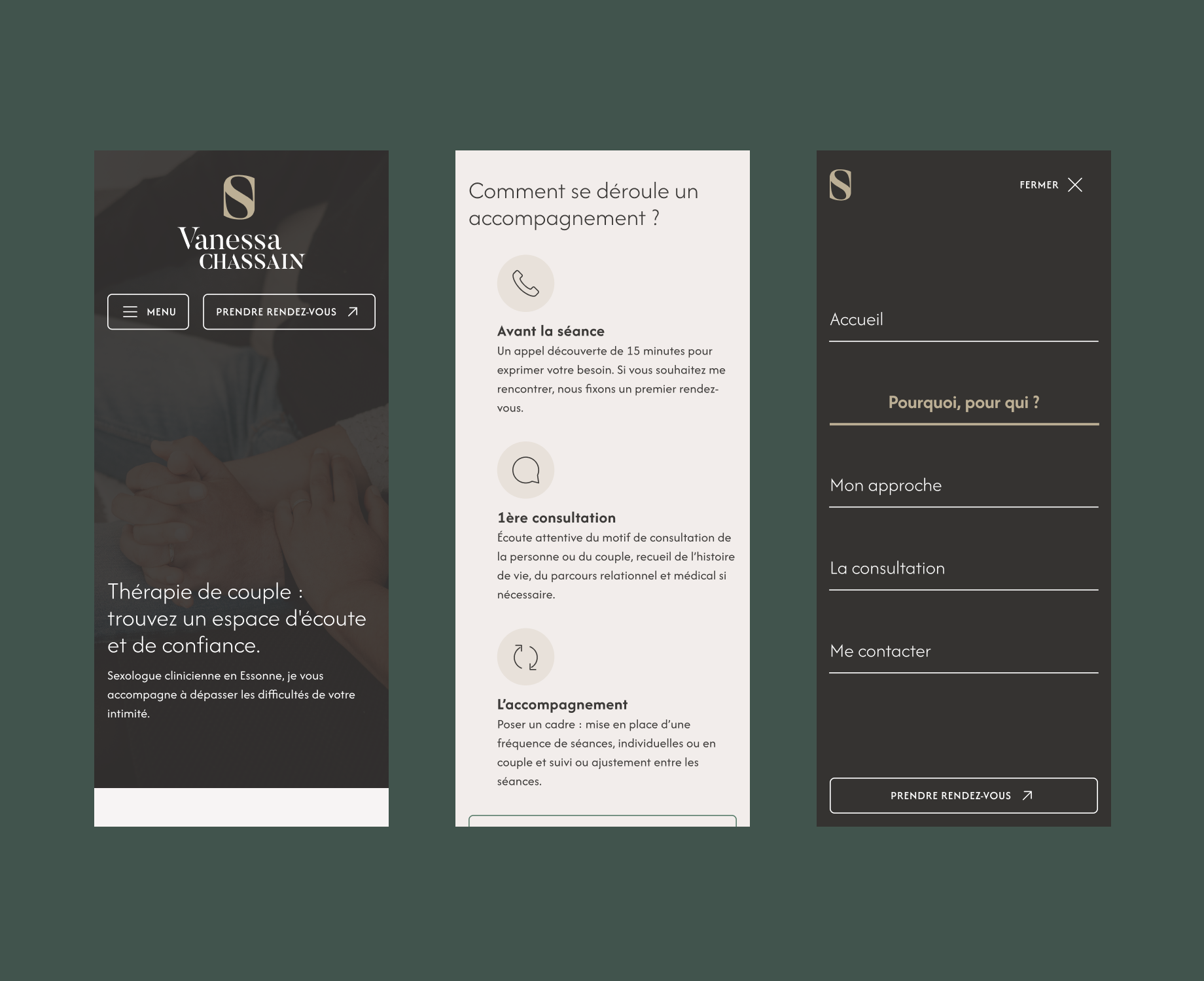 Aperçus de la version mobile du site avec 3 extraits d'écrans